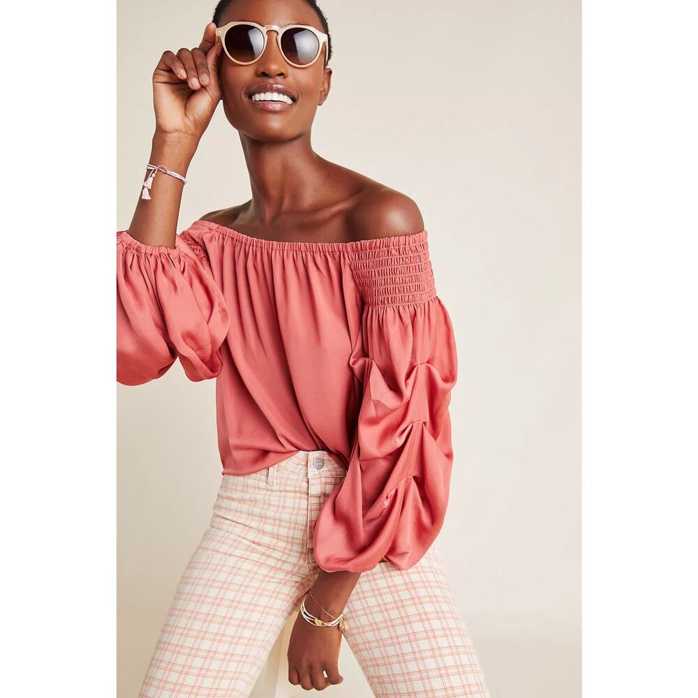 Anthropologie Dolan Left Coast Red Satin Off Shoulder Blouse Puff Sleeve Medium